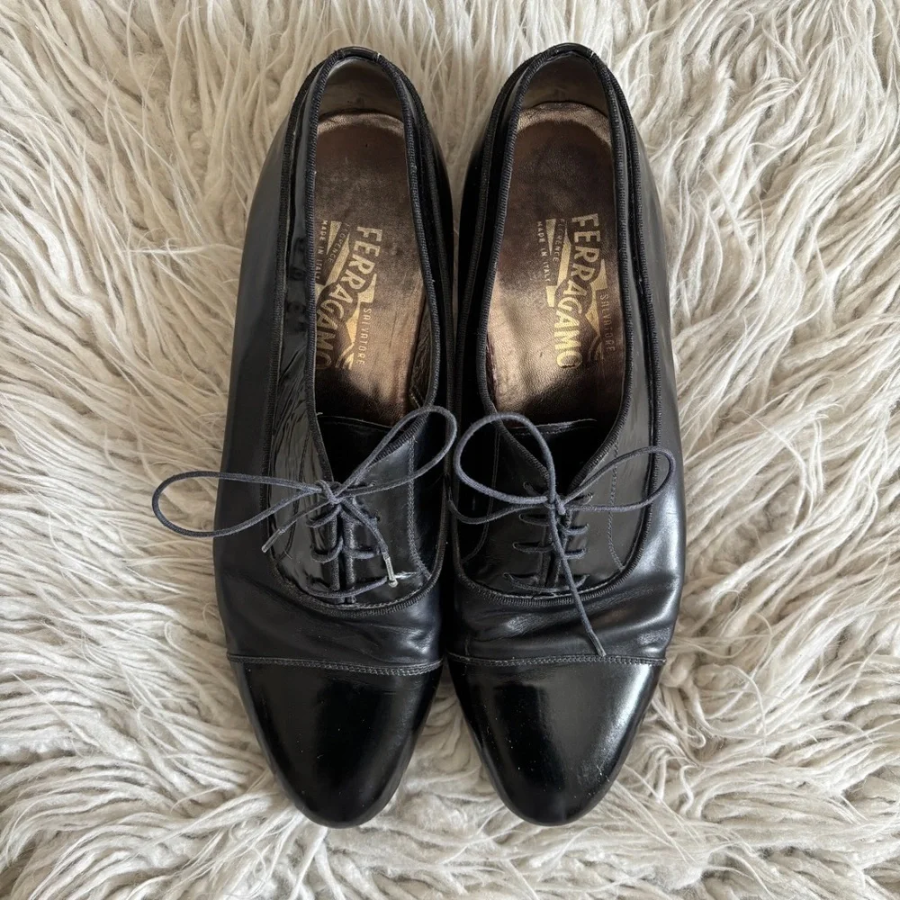 Salvatore Ferragamo Florence Black Leather Cap Toe Oxford Dress Shoes Mens 9.5D
